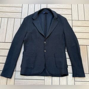 RNT 23 black patch elbows cotton polyester raw edge woven textured blazer jacket